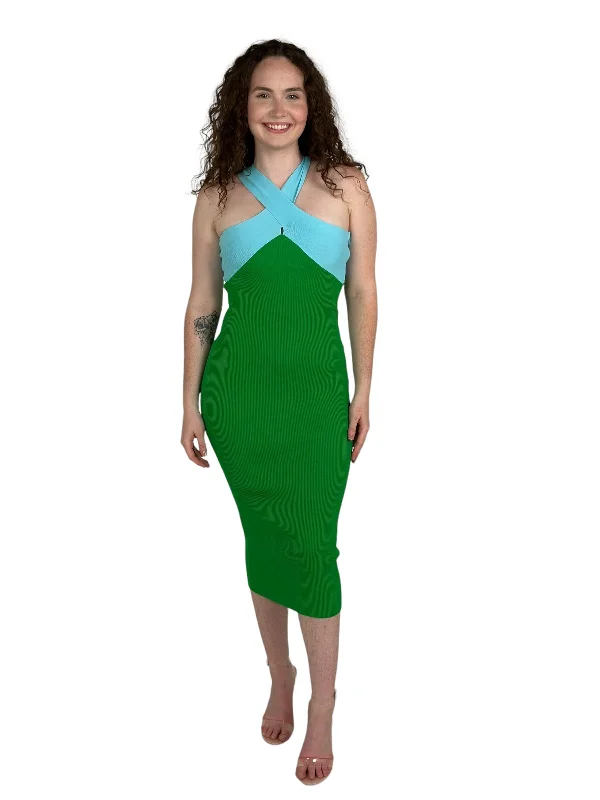 Stock Clearance Green Crossover Neckline Midi Dress