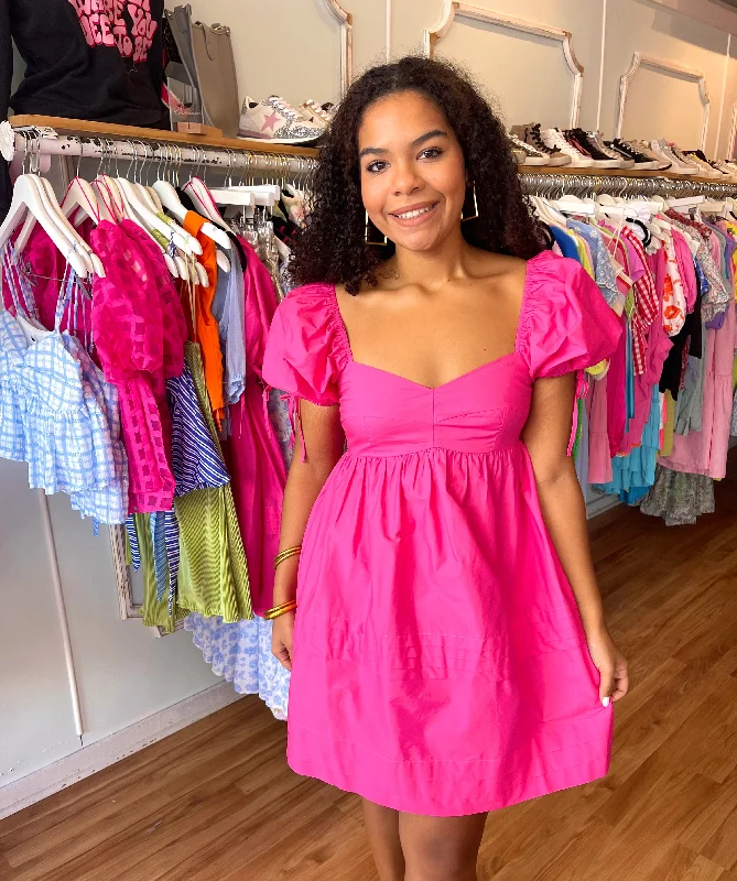 Must-Have Deals Hot Pink Pleated Puff Sleeve Dress