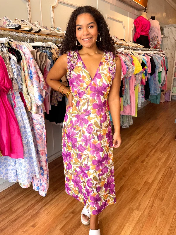 Huge Savings Orchid Rosette Midi Dress