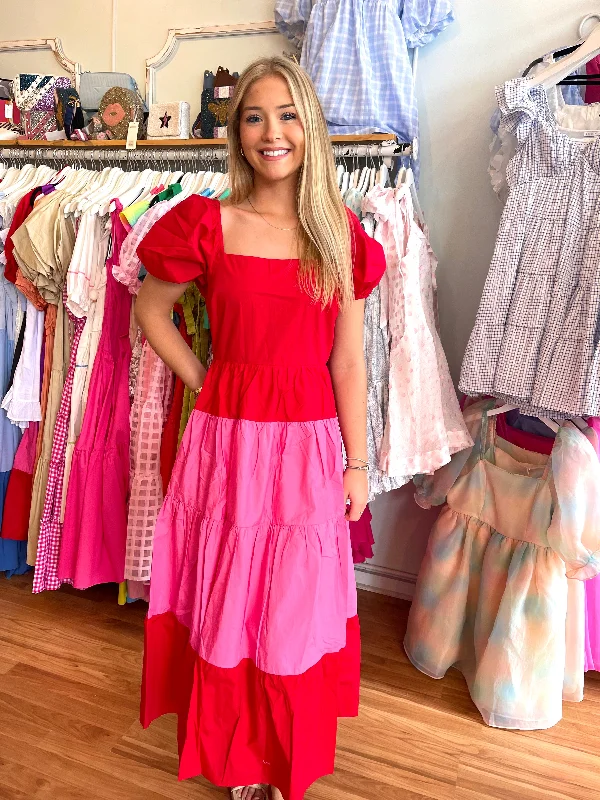 New Markdowns Pink and Red Color Block Midi