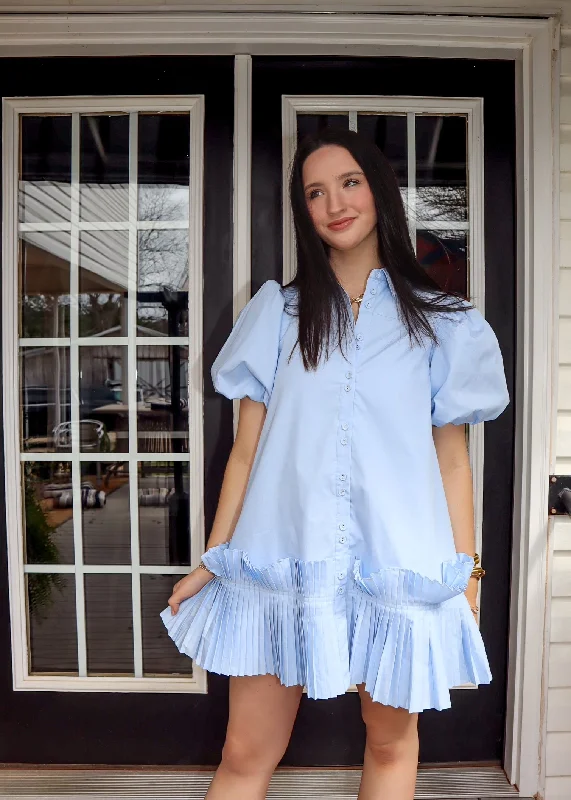 Huge Discounts Pleated Hem Shirt Dress in Blue