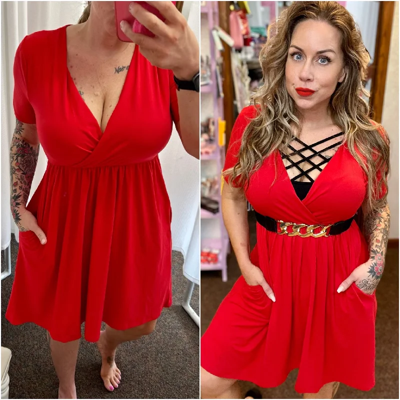 Super Sale Red Buttery Soft Surplice Pocket Dress (large)
