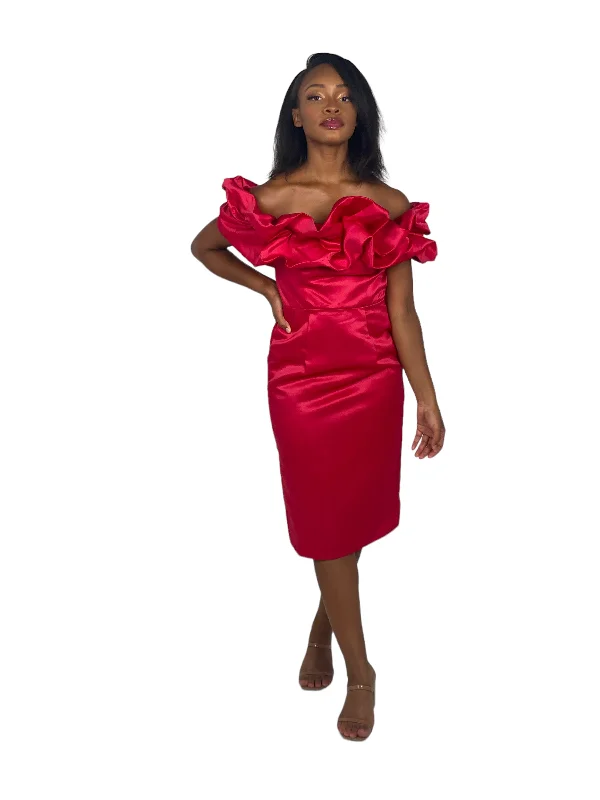 Special Savings Red Ruffle Shoulder Midi Dress