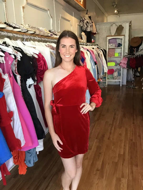 Huge Discounts Red Velvet One Shoulder Dress
