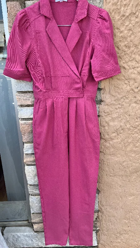 Steals and Deals Rose Puff Sleeve Wrap Front Denim Jumpsuit