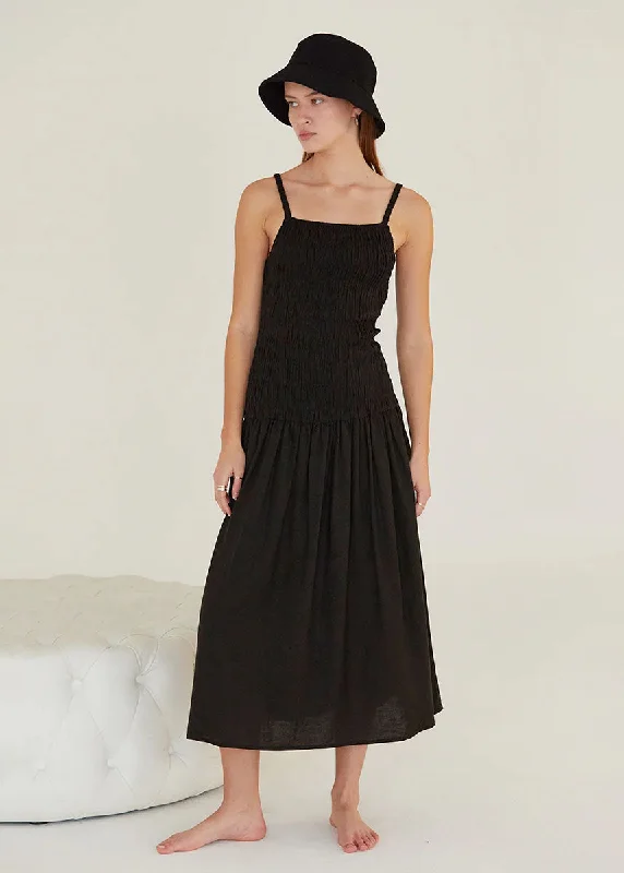 Don't Wait Simona Smocked Bodice Midi Dress - Black